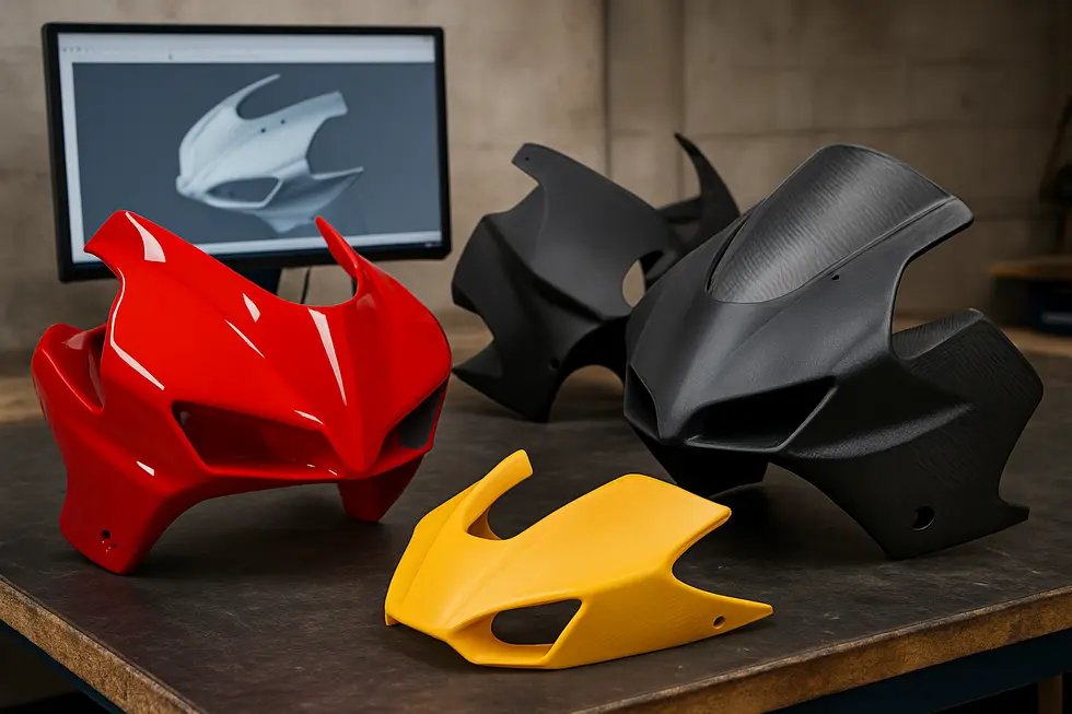 Diverse 3D printed motorcycle fairings made from ABS, PLA, and carbon fiber composites demonstrating design versatility and material options.