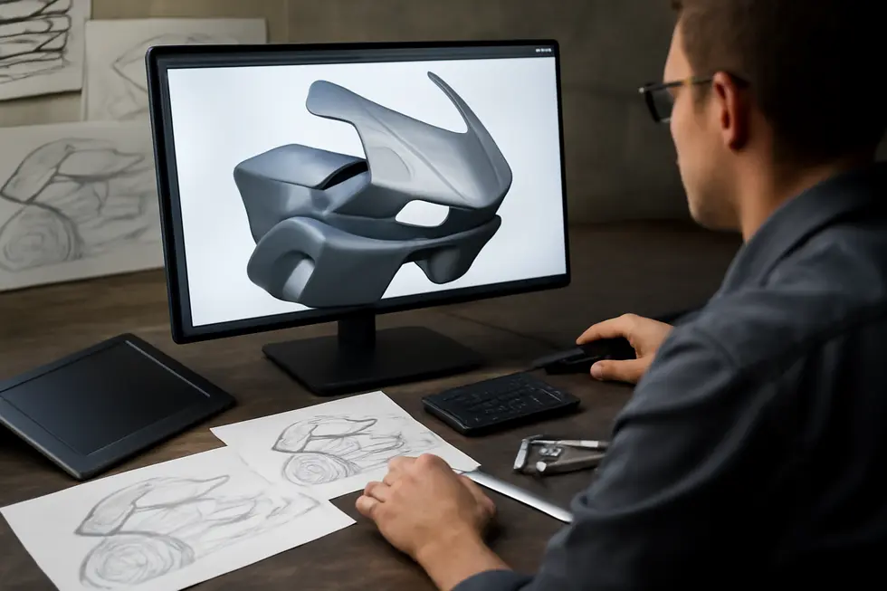 A designer crafting a precise 3D model of a custom motorcycle fairing using CAD software.