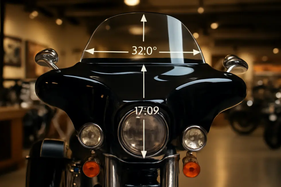 Detailed view of a bat fairing’s wing-shaped design with key dimensions highlighted on a cruiser motorcycle.