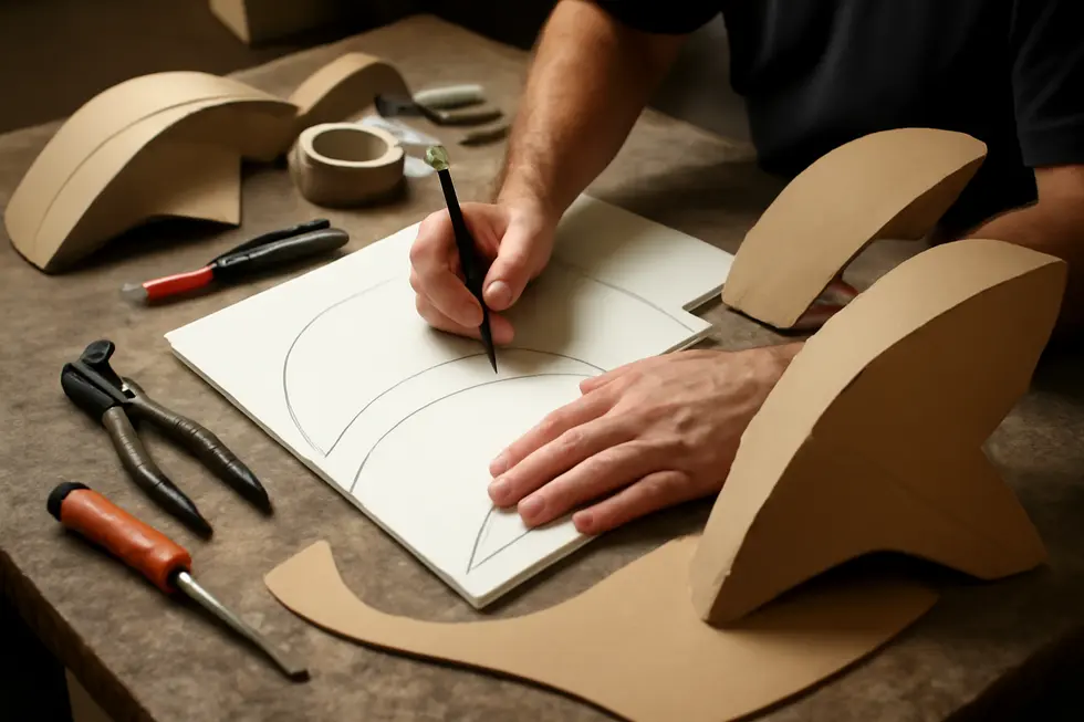 Creating detailed templates and molds using foam and cardboard to shape custom motorcycle fairings.