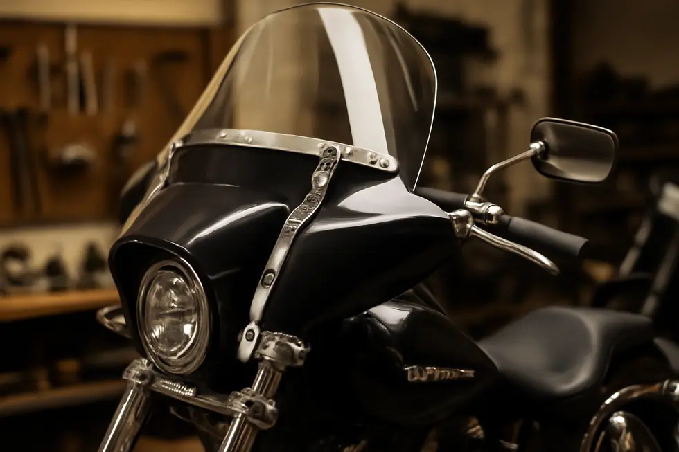 Detachable motorcycle fairings designed for compatibility with Harley-Davidson models emphasizing adjustable mounts and customizable shields.