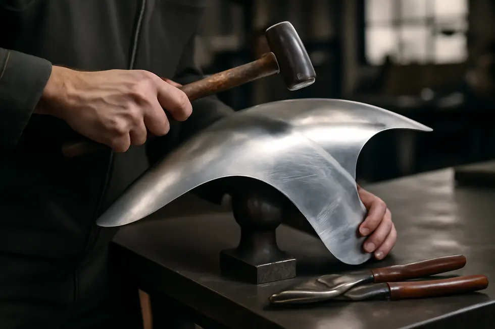 Artisan crafting a premium aluminium motorcycle fairing illustrating precision design and robust construction.