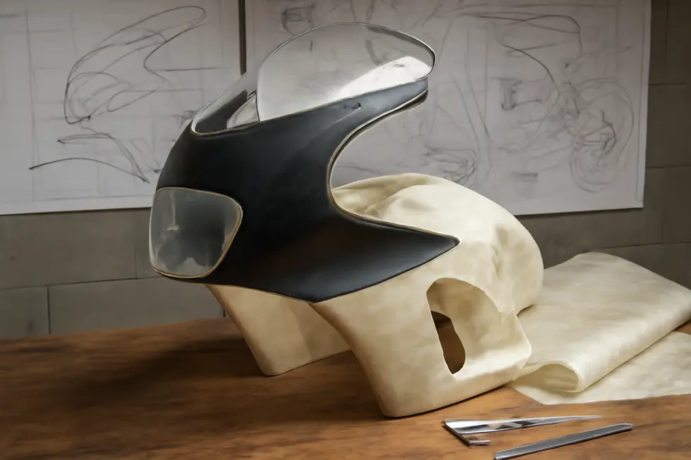 Prototype fairing parts with design sketches and raw materials showcasing essential stages of custom fairing fabrication.