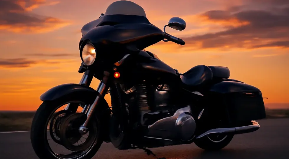 A cruiser motorcycle featuring a glossy detachable batwing fairing displayed on a scenic open road at sunset.