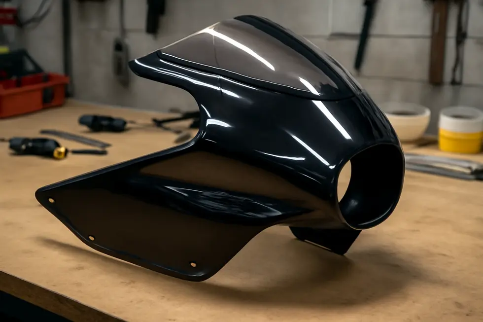 Detailed view of a detachable motorcycle fairing highlighting technological design and premium composite materials.