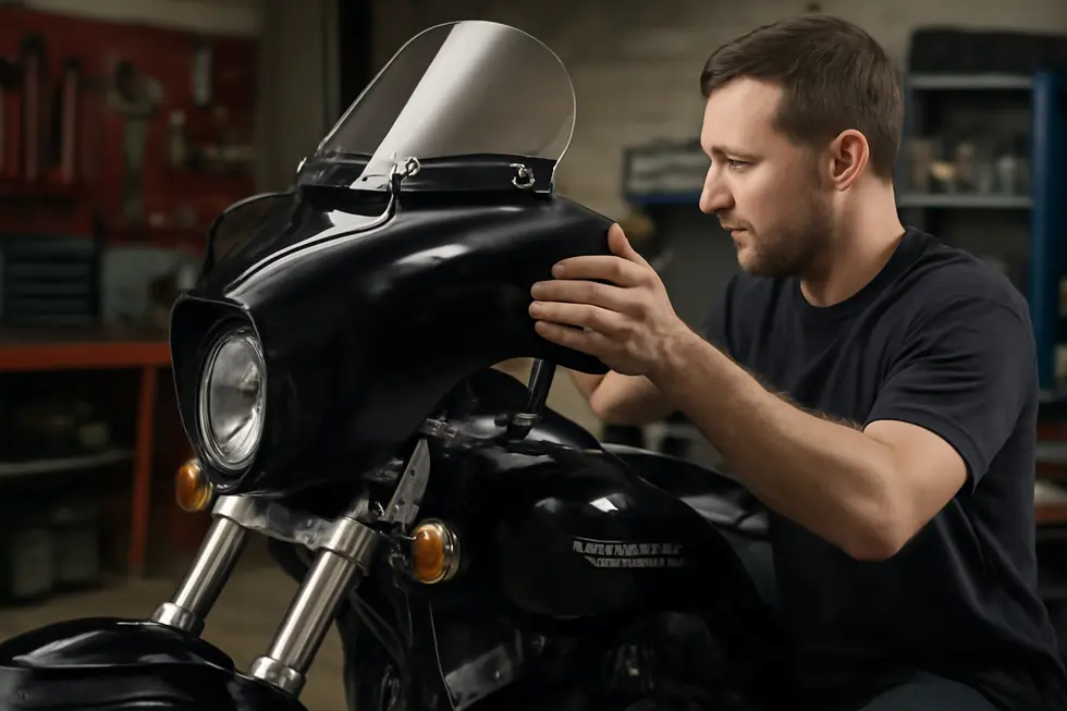 Detailed view of a detachable motorcycle fairing highlighting technological design and premium composite materials.
