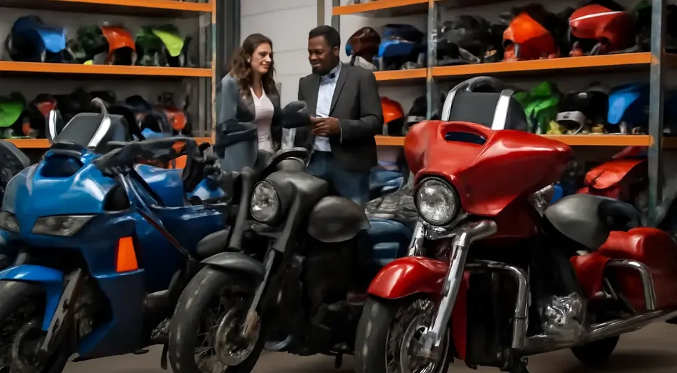 A vibrant showroom displaying discounted motorcycle fairings across multiple brands and styles, symbolizing the breadth of the marketplace.