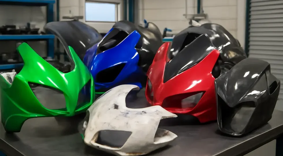 A collection of expertly repaired, customized, and fabricated motorcycle fairings exemplifying the breadth of DIY possibilities.