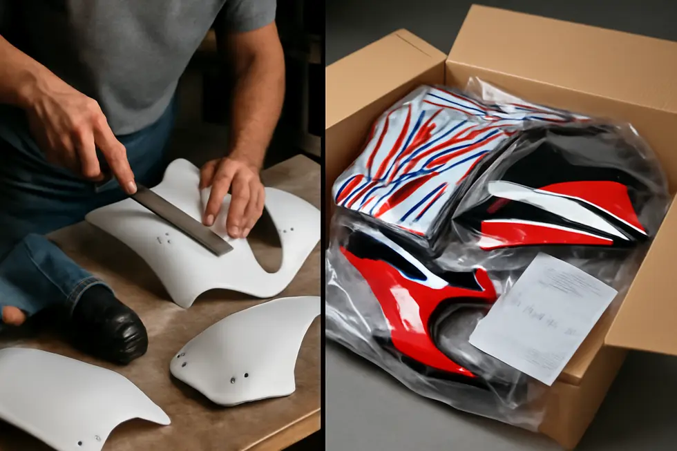 A designer crafting a precise 3D model of a custom motorcycle fairing using CAD software.