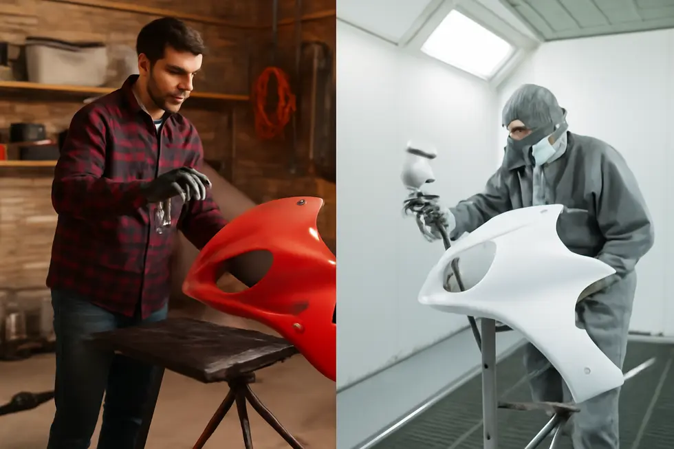 Different motorcycle fairing materials displayed on a workshop bench, showcasing the key substrates for painting.