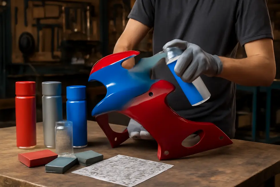 A motorcycle enthusiast applying DIY spray paint and designs on fairings using accessible tools and materials.