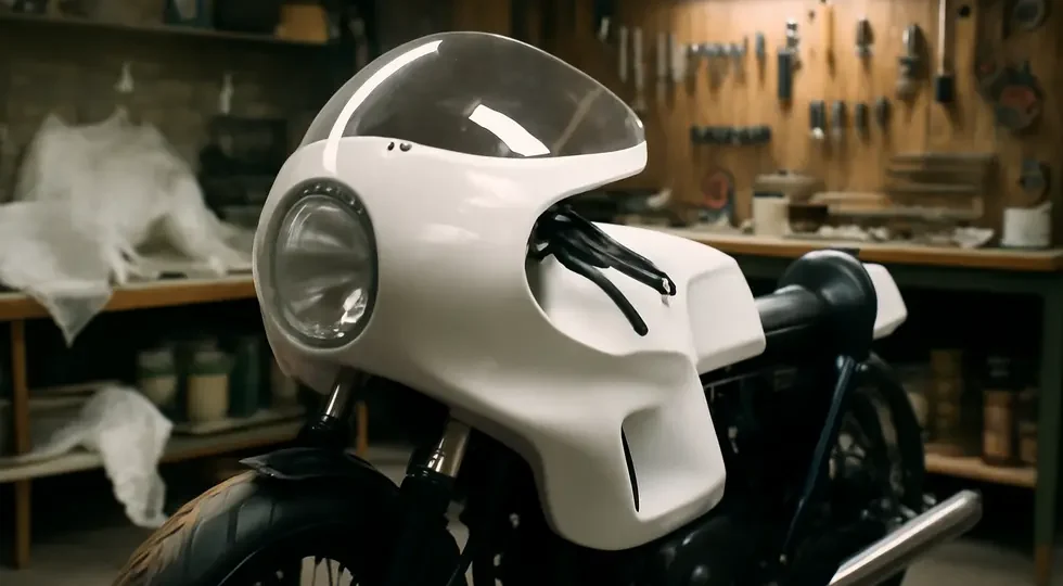 A detailed motorcycle workshop showcasing a freshly completed fiberglass fairing, symbolizing craftsmanship and quality.