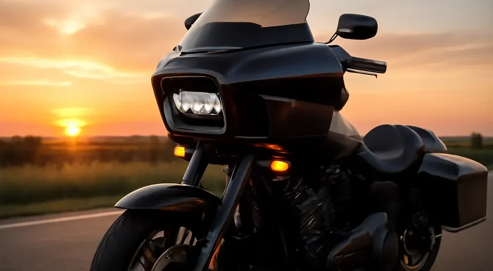 Dominator Motorcycles FXRT fairing showcasing aerodynamic design and modern features on a Harley-Davidson at sunset.