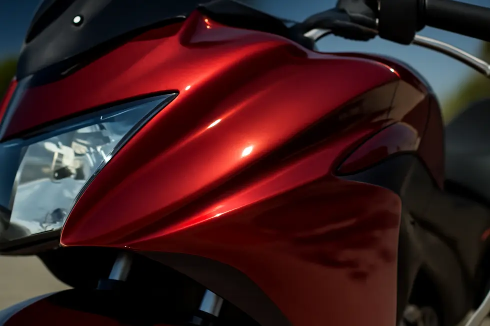 A motorcycle fairing showcasing vibrant, UV-resistant paint that maintains durability under intense sunlight.