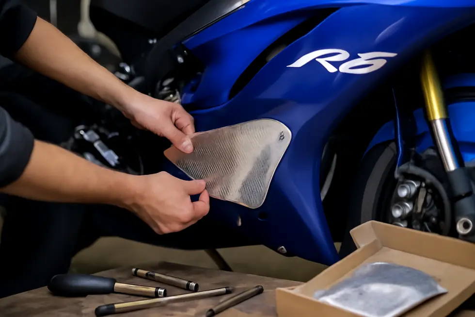 Aftermarket ABS fairing kit featuring integrated heat shields protecting plastic panels around the engine and exhaust.