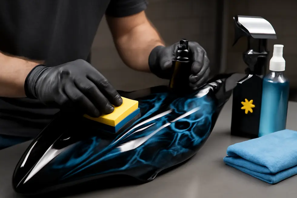 An airbrush artist applying multi-layered automotive-grade paint on durable ABS plastic motorcycle fairings, emphasizing precision and craftsmanship.