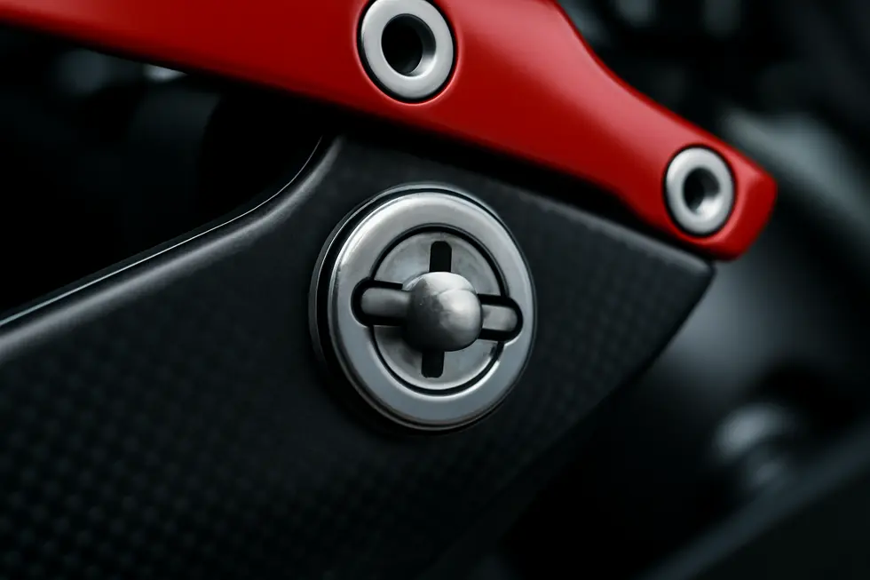 Close-up view of a DZUS fastener illustrating its quarter-turn pin design for quick release and installation on race bike fairings.