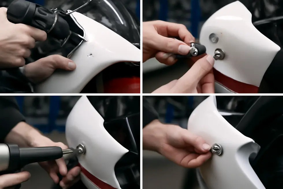 Close-up view of a DZUS fastener illustrating its quarter-turn pin design for quick release and installation on race bike fairings.