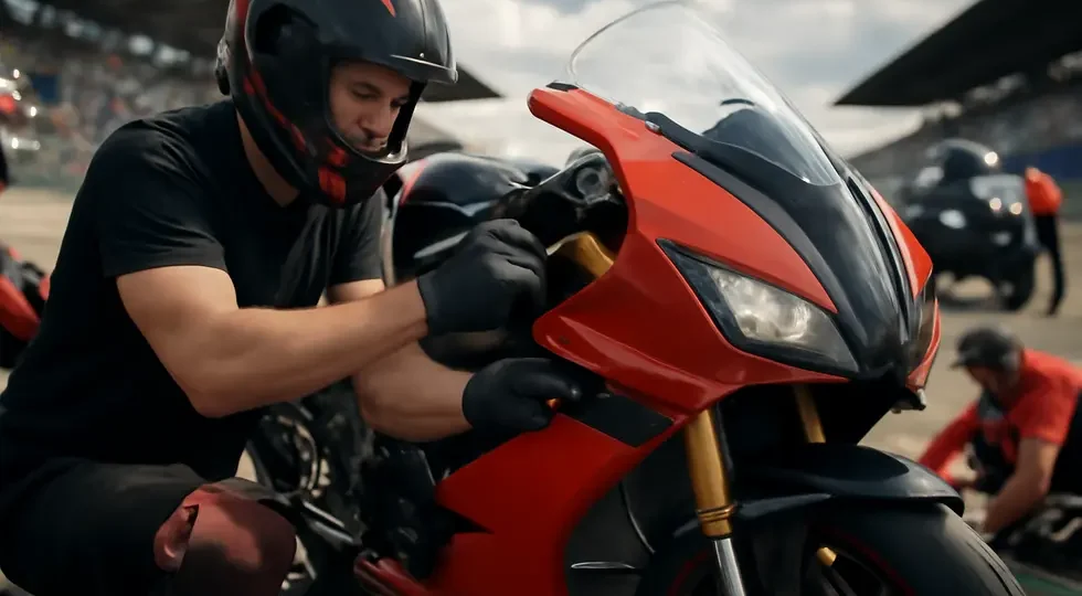 Efficient motorcycle pit stop utilizing DZUS fairing fasteners to ensure rapid removal and reattachment during competitive racing.