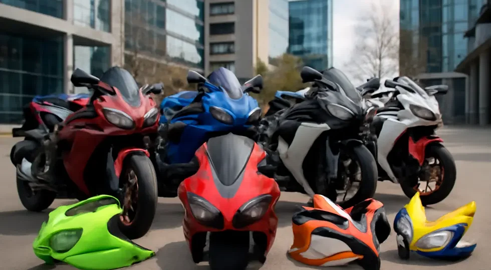 A showcase of diverse motorcycle fairings arranged around motorcycles, reflecting the variety and customization options available on eBay.