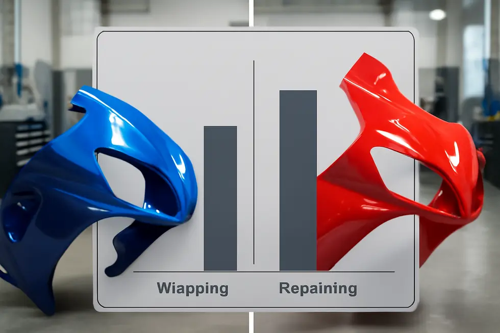 Careful preparation and use of knifeless tape ensure a flawless vinyl wrap application on motorcycle fairings.