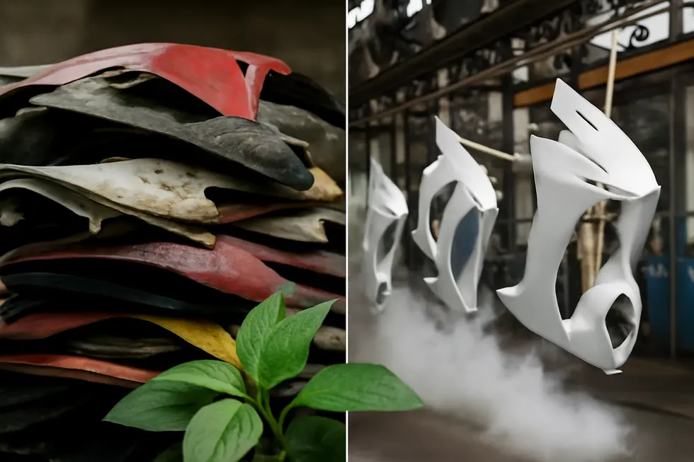Salvage yard showcasing second hand motorcycle fairings ready for inspection and resale, emphasizing sourcing opportunities.