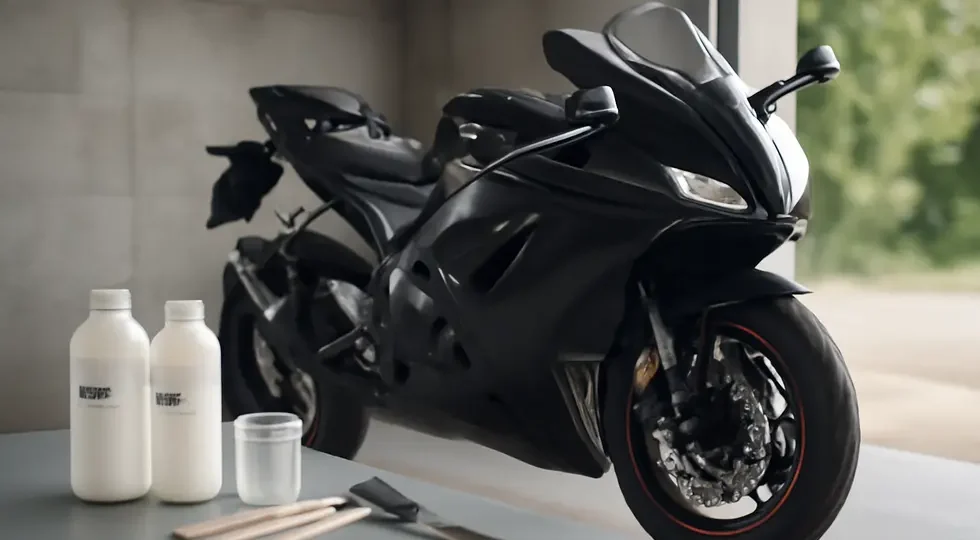 Motorcycle showcasing repaired fairings bonded with high-quality epoxy resin, emphasizing craftsmanship and durability.