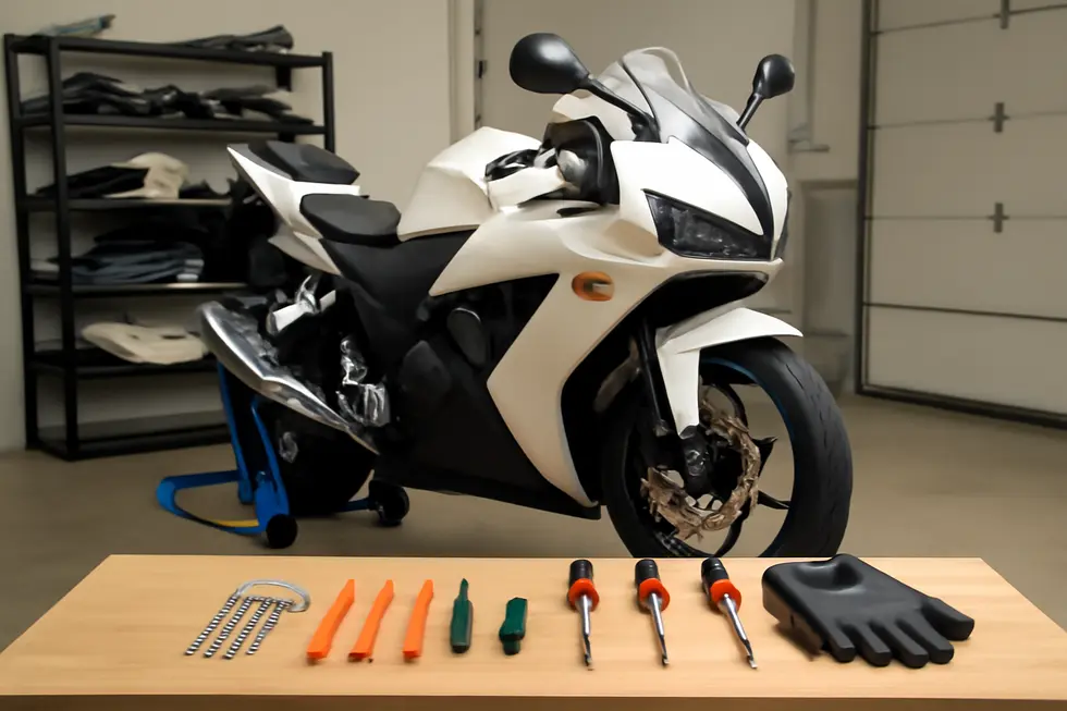 A well-organized mechanic’s workstation showcasing essential tools and a stable motorcycle prepared for safe fairing removal.