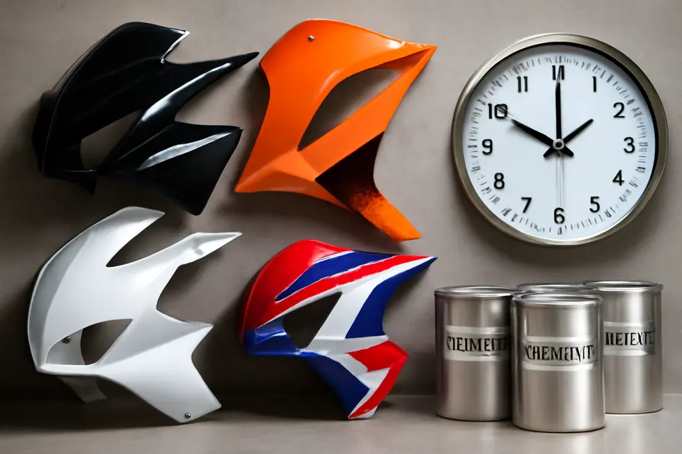 A professional motorcycle fairing being prepared and painted, illustrating the stages and associated costs of a quality paint job.