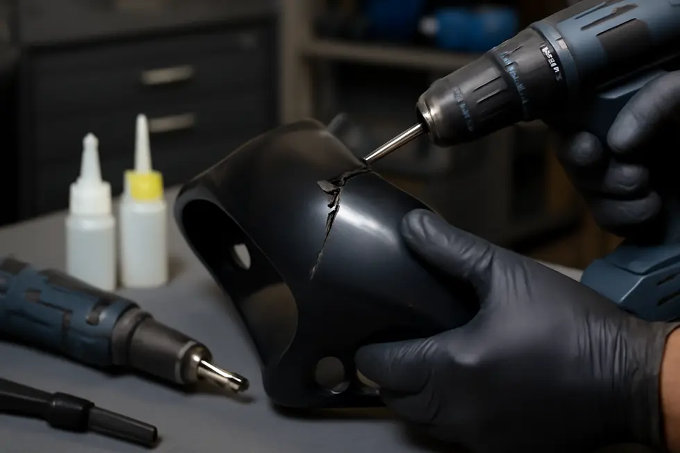 Technician preparing and bonding a cracked motorcycle fairing using drilling and plastic welding techniques.