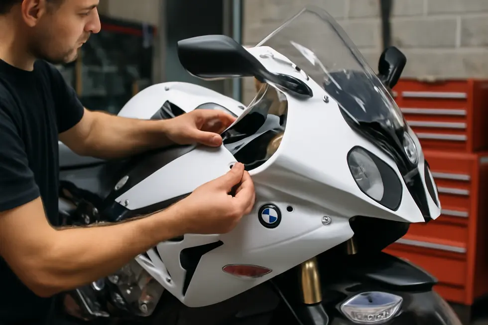 A detailed display of core motorcycle fairing kit components showcasing materials and finishes.