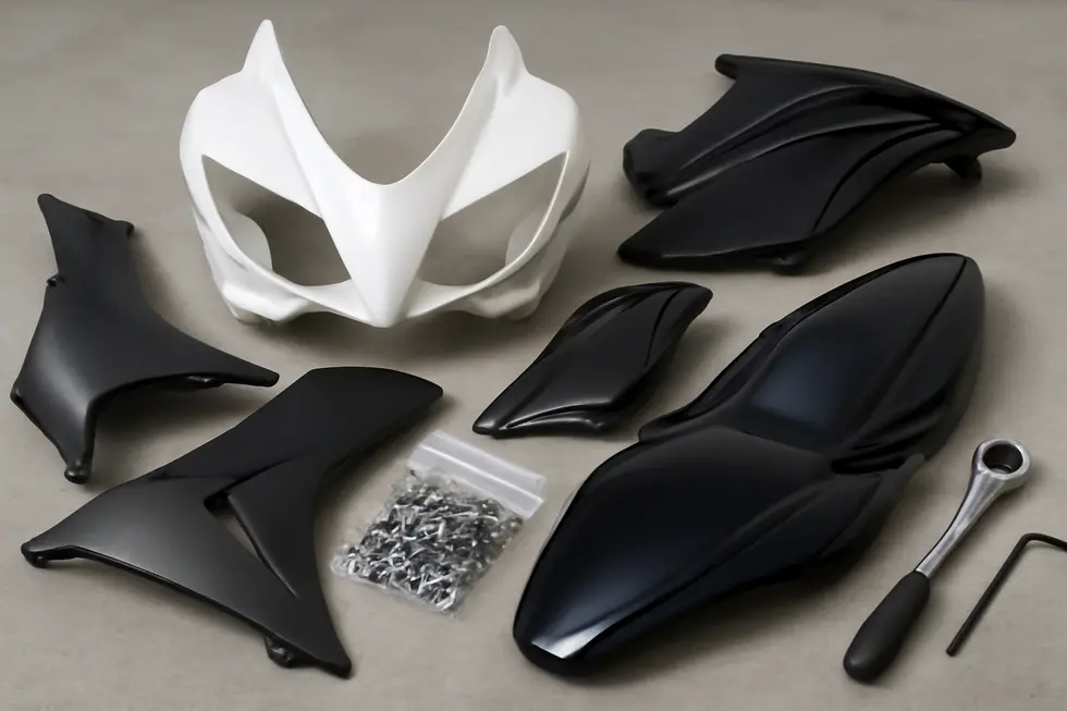 A detailed display of core motorcycle fairing kit components showcasing materials and finishes.
