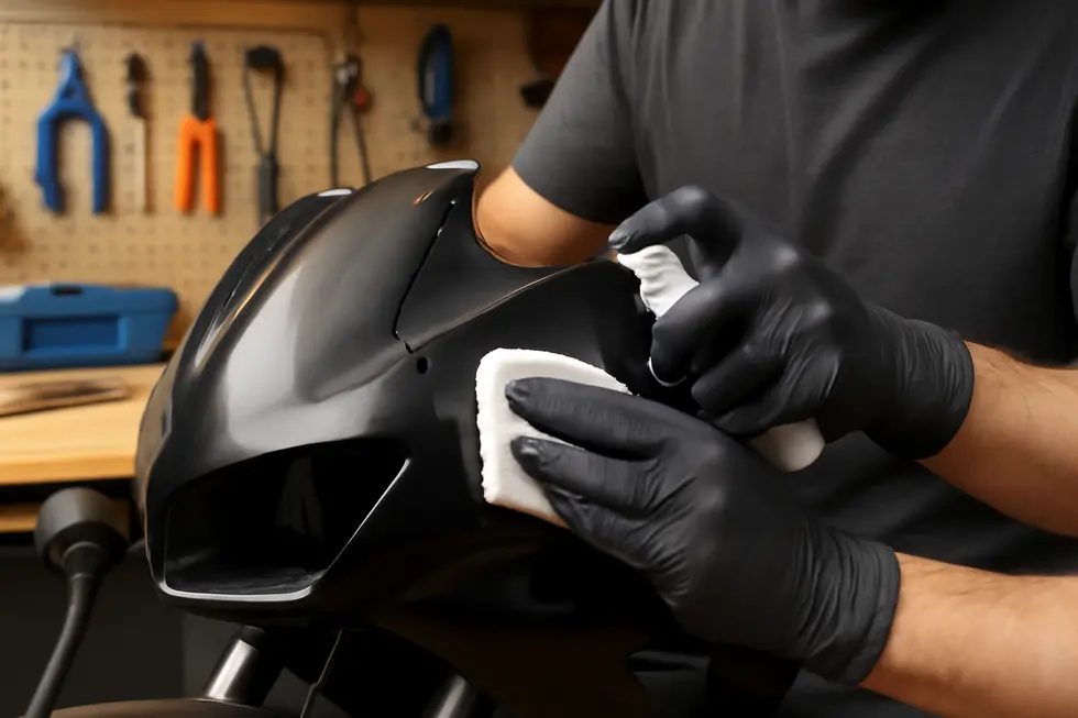 Technician meticulously cleaning and aligning damaged motorcycle fairing edges before plastic welding.