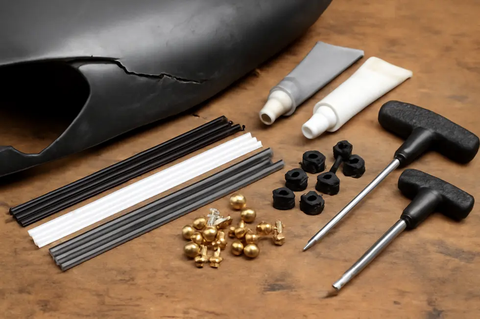 Detailed view of essential components included in a motorcycle fairing repair kit, highlighting their applications.