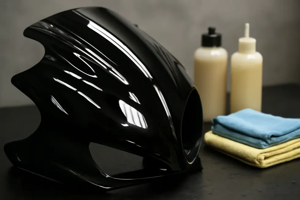 Technician carefully cleaning and sanding a motorcycle fairing, preparing the surface for an even paint application.