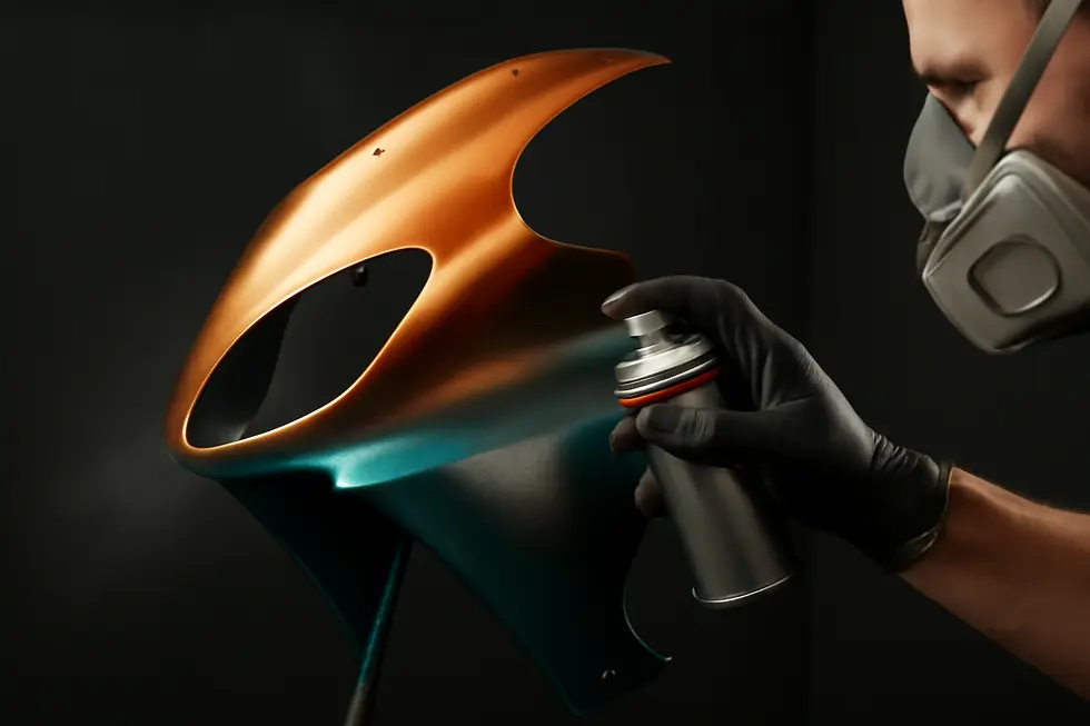 Thorough cleaning and scuffing prepare the motorcycle fairing surface for optimal paint adhesion and finish quality.