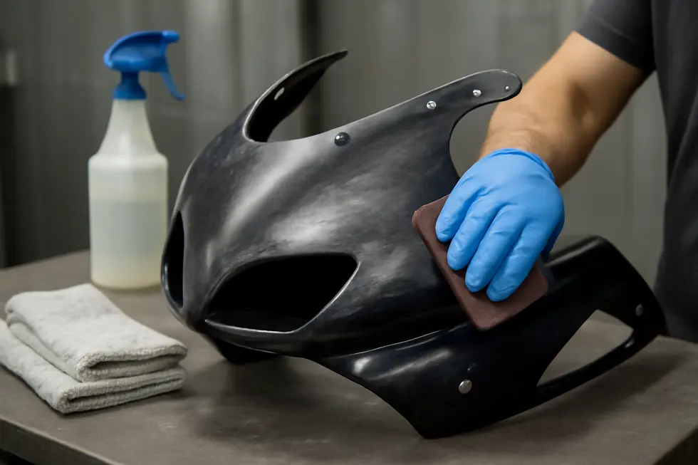 Thorough cleaning and scuffing prepare the motorcycle fairing surface for optimal paint adhesion and finish quality.