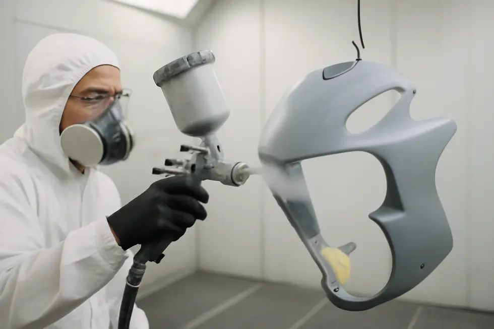 Thorough cleaning and scuffing prepare the motorcycle fairing surface for optimal paint adhesion and finish quality.