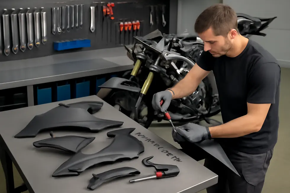 Technician carefully removing motorcycle fairings with the appropriate tools and documenting components for accurate reassembly.