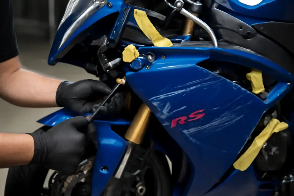 Thorough cleaning of a scratched motorcycle fairing to prepare the surface for effective repair.