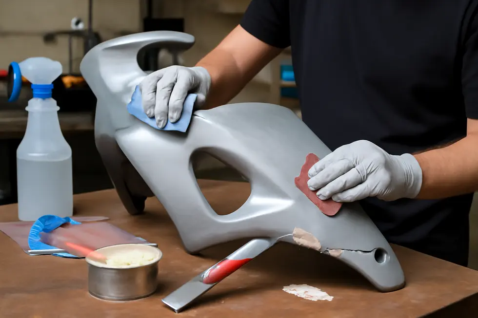 Technician carefully cleaning and sanding a motorcycle fairing, preparing the surface for an even paint application.