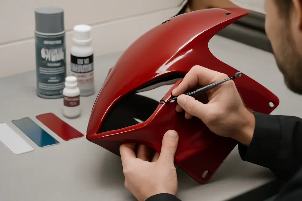Thorough cleaning and scuffing prepare the motorcycle fairing surface for optimal paint adhesion and finish quality.