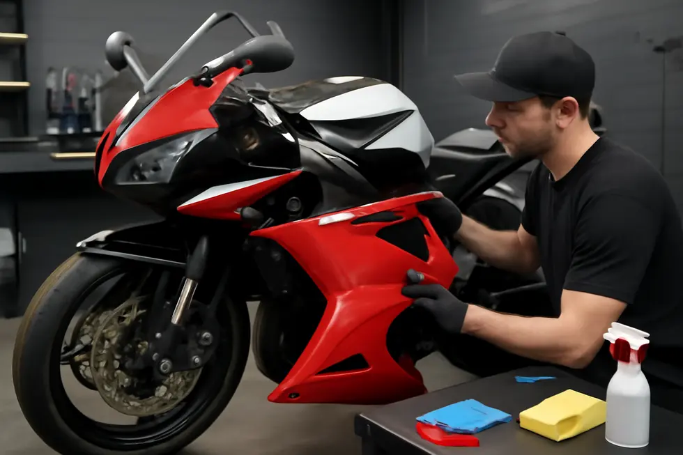 Technician removing motorcycle fairings in preparation for a vinyl wrap application, showcasing the careful, precise process.