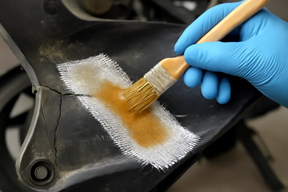 Technician preparing and cleaning a cracked motorcycle fairing to ensure a strong repair foundation.