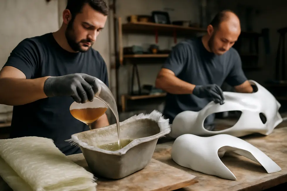 Artisans crafting custom fiberglass motorcycle fairings, demonstrating the hands-on molding and curing stages.
