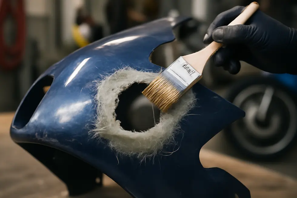 Using a hot staple kit for plastic welding on a cracked motorcycle fairing to restore structural integrity.