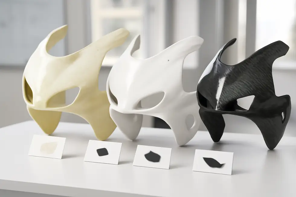 Artisans crafting custom fiberglass motorcycle fairings, demonstrating the hands-on molding and curing stages.