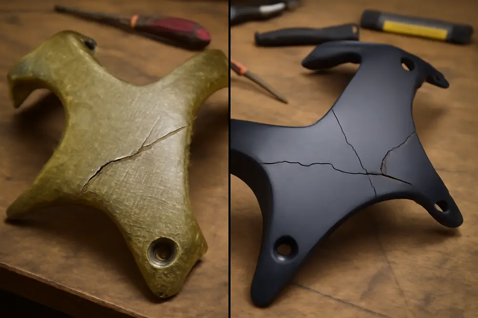 Side-by-side comparison highlighting the differences between fiberglass and plastic motorcycle fairings, essential for choosing the correct repair method.
