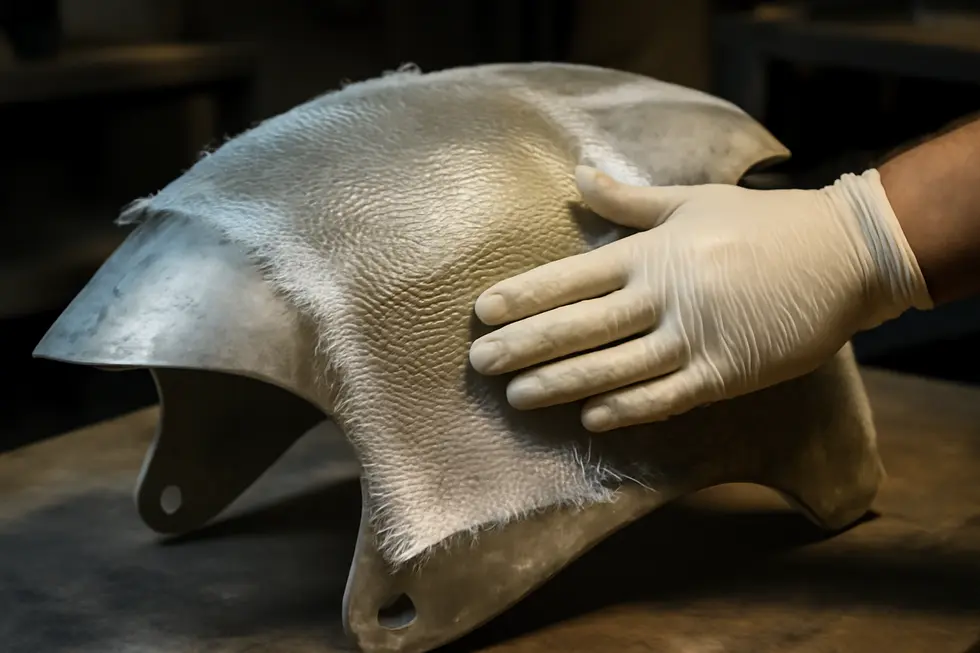 Precise cleaning and sanding of a motorcycle fairing ready the surface for effective fiberglass repair.