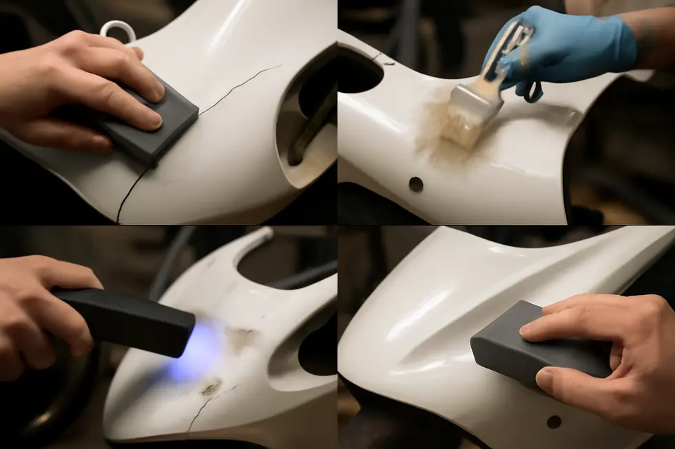 Comparing fiberglass and plastic materials used in motorcycle fairing repairs.